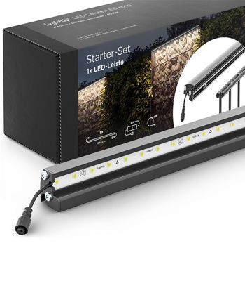 Set d'éclairage pour clôture en métal/gabion  : 1x Barette LED de Lg. 2460 m/m Anthracite,  1 tranformateur EU, 1 prolongateur