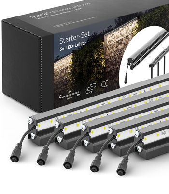 Set d'éclairage pour clôture en métal/gabion  : 5x Barettes LED de Lg. 2460 m/m Anthracite,  1 tranformateur EU, 1 prolongateur