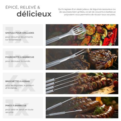 Set d'ustensiles de barbecue avec mallette en aluminium en acier inoxydable gris