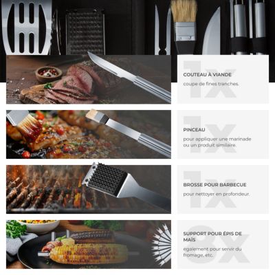 Set d'ustensiles de barbecue avec mallette en aluminium en acier inoxydable gris