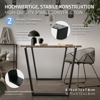 Set de 2 pieds de table en acier noir patins de table style industriel 75x72 cm