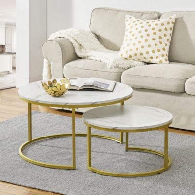 Set de 2 tables basses Christchurch rondes gigognes effet marbre blanc doré en.casa