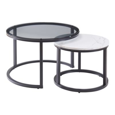 Set de 2 tables basses Kokkola gigognes verre fumé / effet marbre blanc en.casa