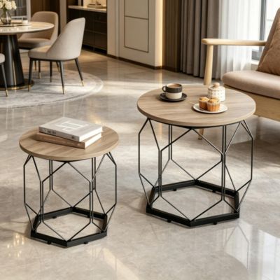 Set de 2 tables basses rondes en bois gris et métal avec plateaux amovibles
