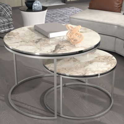 Set de 2 tables d'appoint Skagen rondes gigognes marbre blanc argent en.casa