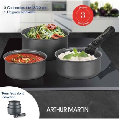 Set de 3 casseroles gris mat 16-18-20 cm + 1 poignée amovible - Tous feux dont induction