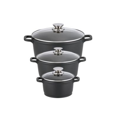 Set de 3 faitouts 16 cm 20 cm et 24 cm sans PFAS avec couvercles en verre Elo Alucast