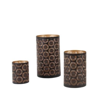 Set de 3 lanternes découpe ajourée fleurs noir & or