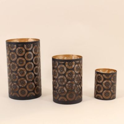 Set de 3 lanternes découpe ajourée fleurs noir & or