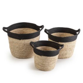 Set de 3 paniers Otilia fibre naturelle et papier, noir/beige