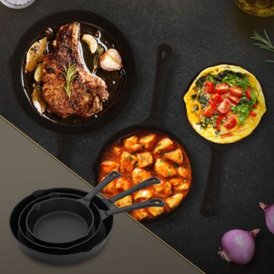 Set de 3 poêles BBQ en fonte noir 16cm 20cm 25cm avec poignée 2 becs verseurs