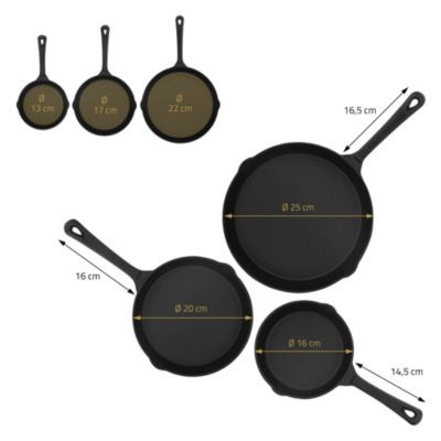 Set de 3 poêles BBQ en fonte noir 16cm 20cm 25cm avec poignée 2 becs verseurs