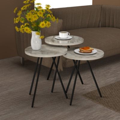 Set de 3 tables d'appoint Oelgod rondes gigognes marbre blanc noir en.casa