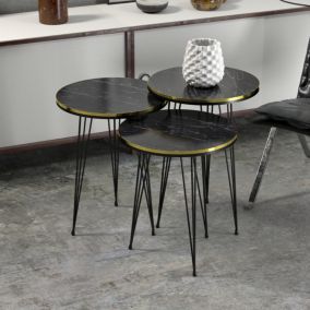 Set de 3 tables d'appoint Ry rondes gigognes marbre noir or en.casa