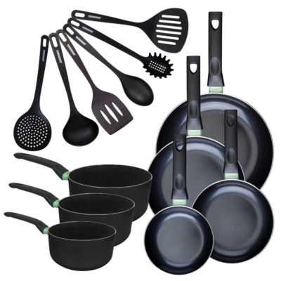 Set de 4 poêles 16 20 24 et 28 cm et 3 casseroles 16, 18 et 20 cm antiadhésives céramique et 6 ustensiles Fackelmann Brandao