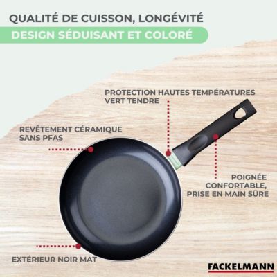 Set de 4 poêles 16 20 24 et 28 cm et 3 casseroles 16, 18 et 20 cm antiadhésives céramique et 6 ustensiles Fackelmann Brandao