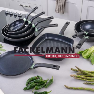 Set de 4 poêles 16 20 24 et 28 cm et 3 casseroles 16, 18 et 20 cm antiadhésives céramique et 6 ustensiles Fackelmann Brandao