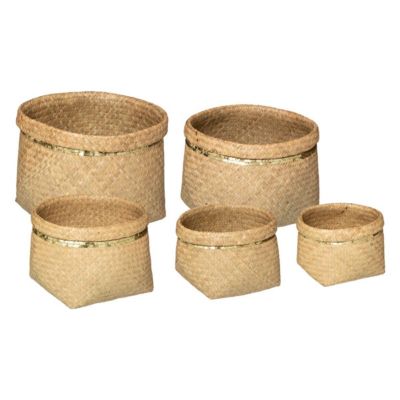 Set de 5 paniers ronds - roseau tressé - sequins dorés - Atmosphera