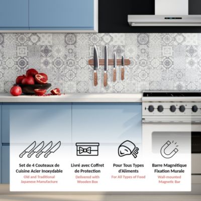 Set de Couteaux FISHTEC 4 Couteaux : Chef - à Pain - à Légumes - d'Office + Support Magnétique