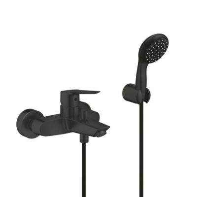 Set de douche mitigeur Bain/douche 1/2"+ Douchette 2 jets + support mural + Flexible 1750 mm, noir mat