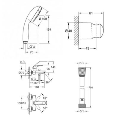 Set de douche mitigeur Bain/douche 1/2"+ Douchette 2 jets + support mural + Flexible 1750 mm, noir mat
