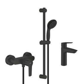 Set de douche mitigeur de douche monocommande + Douchette 2 jets + Barre 600 mm + Flexible + Mitigeur lavabo taille M, noir mat