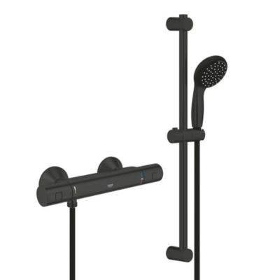 Set de douche mitigeur de douche thermostatique 1/2" + Douchette 2 jets + Barre 600 mm + Flexible, noir mat