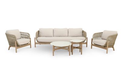 Set de jardin 5 places en bois et corde beige et 2 tables - Provenza