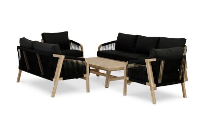 Set de jardin 7 places acacia clair et corde et coussins noirs - Zanzibar