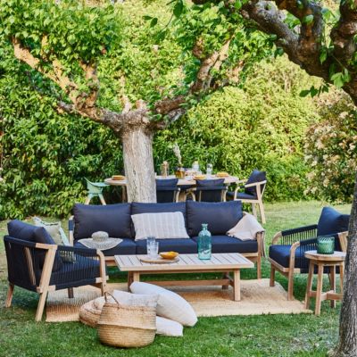 Set de jardin 7 places acacia clair et corde et coussins noirs - Zanzibar
