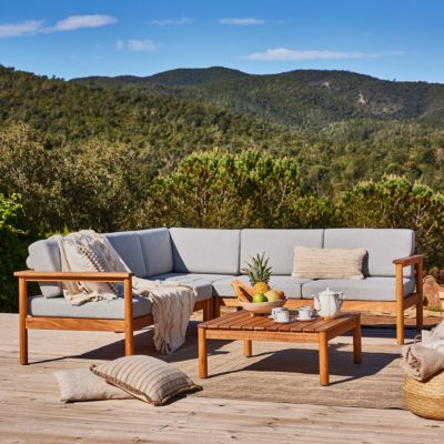 Set de jardin d'angle 5 places en bois d'eucalyptus et coussins gris - Roma