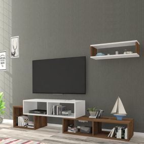 Set de meuble TV et étagère murale Malvik panneau de particules 170 x 30 x 42 cm blanc effet noyer en.casa