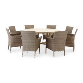 Set de repas de jardin 8 pl table ronde en bois D150cm et chaises en rotin synthétique - Siena & Bolonia