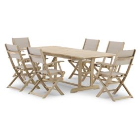 Set de repas de jardin table extensible 150/210x90 + 6 chaises bois et textile beige - Java Light