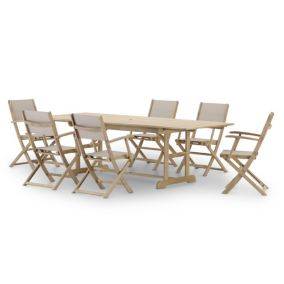 Set de repas de jardin table extensible 180/240x100 + 6 chaises bois et textile beige - Java Light