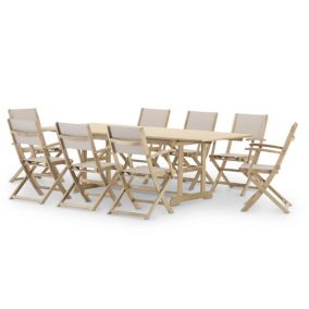 Set de repas de jardin table extensible 180/240x100 + 8 chaises bois et textile beige - Java Light