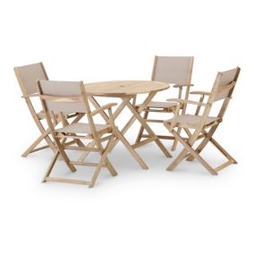 Set de repas de jardin table pliante ronde 90cm + 4 chaises bois et textile beige - Java Light