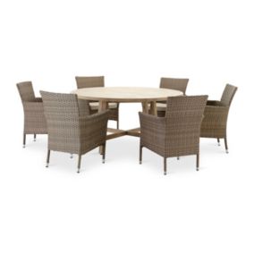 Set de repas jardin 6 places table en bois ronde D150 cm et chaises en rotin synthétique - Siena & Bolonia