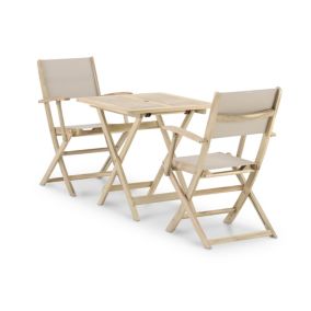 Set de repas jardin/balcon table pliante 70x70 + 2 chaises bois et textile beige - Java Light