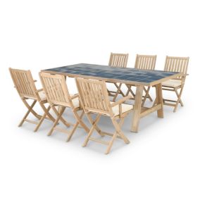 Set de repas jardin table céramique bleue 205x105 + 6 chaises avec accoudoirs avec coussins - Bisbal