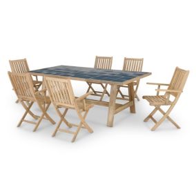 Set de repas jardin table céramique bleue 205x105 + 6 chaises avec accoudoirs - Bisbal