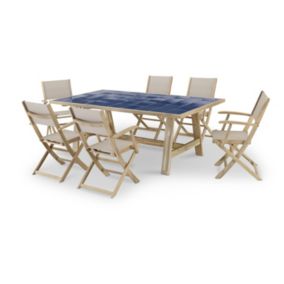 Set de repas jardin table céramique bleue 205x105 + 6 chaises bois et beige textile - Bisbal