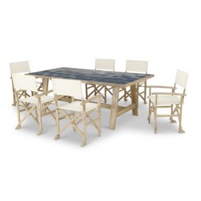 Set de repas jardin table céramique bleue 205x105 + 6 chaises directeur ecru - Bisbal