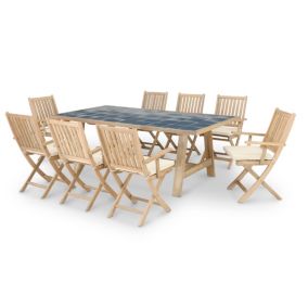 Set de repas jardin table céramique bleue 205x105 + 8 chaises avec accoudoirs avec coussins - Bisbal