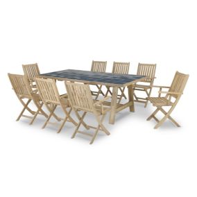 Set de repas jardin table céramique bleue 205x105 + 8 chaises avec accoudoirs - Bisbal