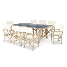 Set de repas jardin table céramique bleue 205x105 + 8 chaises directeur ecru - Bisbal