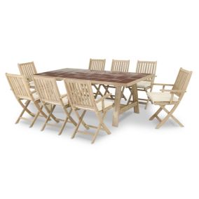 Set de repas jardin table céramique en terre cuite 205x105 + 8 chaises avec accoudoirs avec coussins - Bisbal