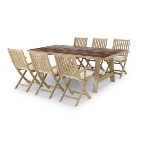 Set de repas jardin table céramique terre cuite 205x105 + 6 chaises avec accoudoirs avec coussins - Bisbal