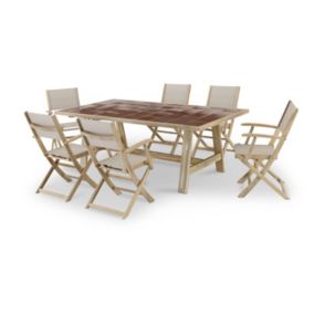 Set de repas jardin table céramique terre cuite 205x105 et 6 chaises textiles beiges - Bisbal