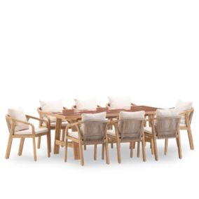 Set de repas jardin table céramique terre cuite 205x105 et 8 chaises en corde beige - Bisbal & Siena
